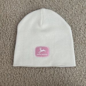 John Deere Beanie, cream color with a light pink John Deere logo on front